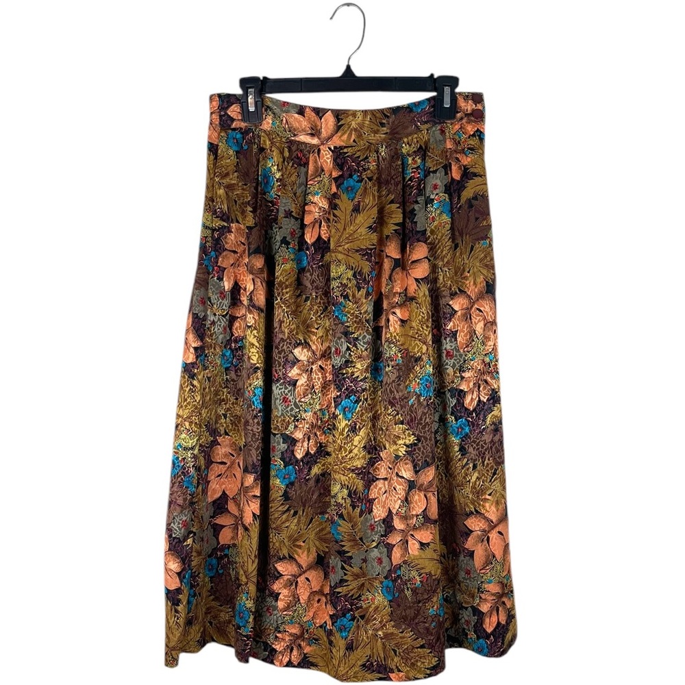 Vintage Adam Crown Womens Floral Leaves Satin Midi Skirt Brown Retro Cottagecore